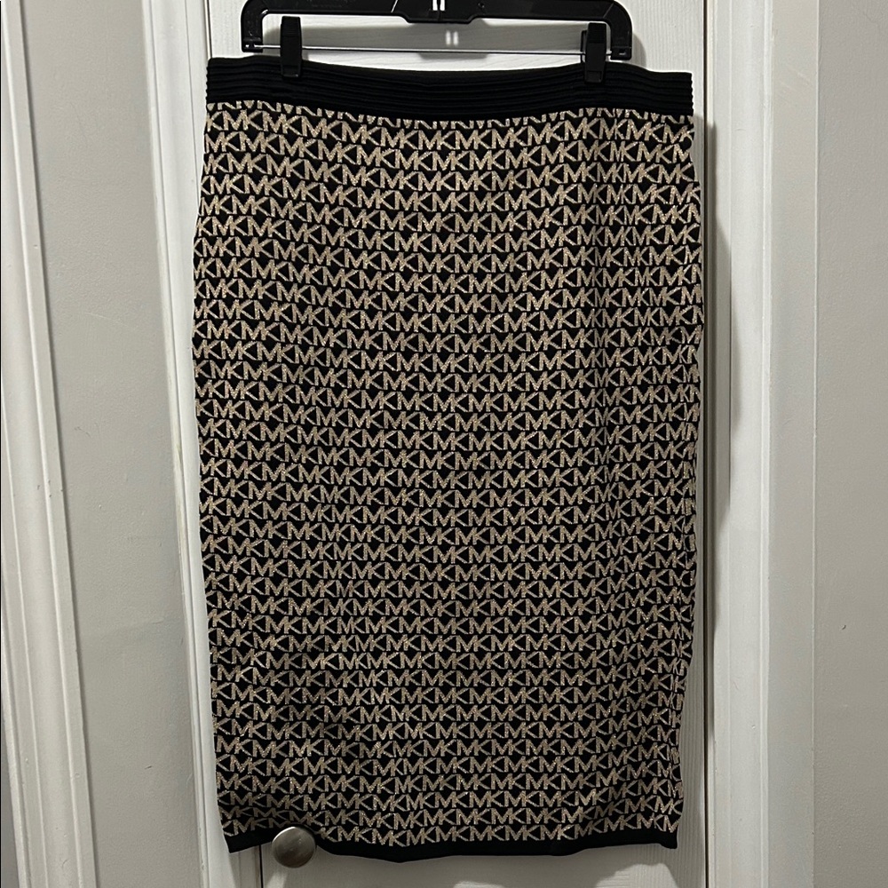 Michael Kors Black and Beige MK Logo Knit Pencil Skirt